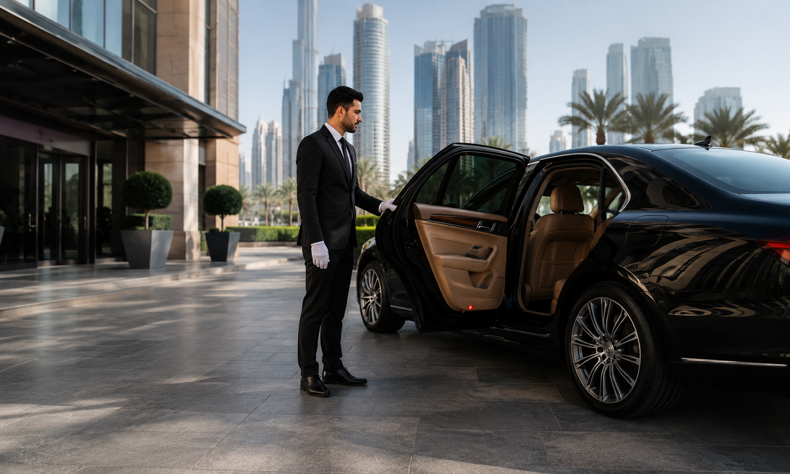 Professional chauffeur opening the door of a luxury sedan in Dubai